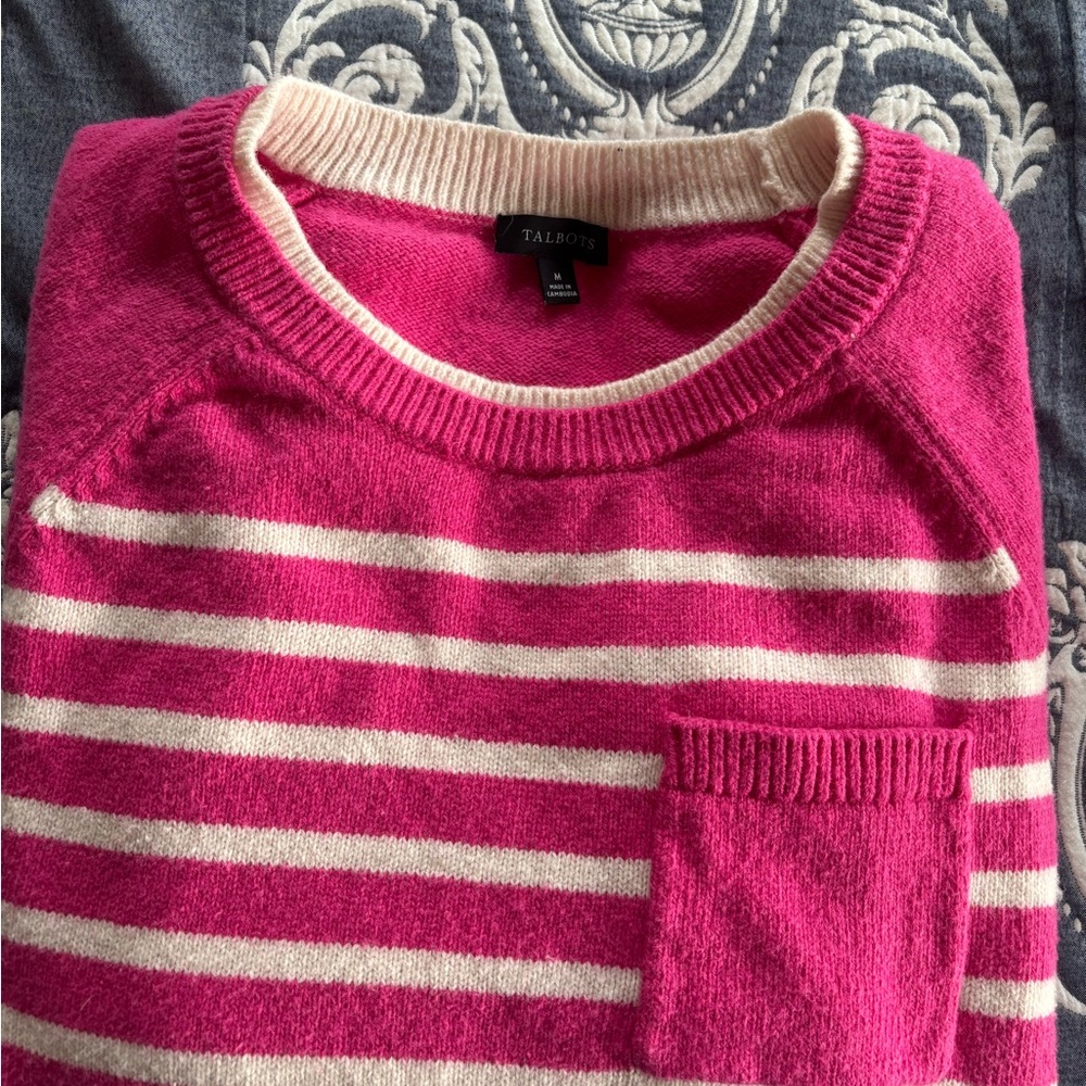 Talbots Women's Pink and Cream Striped Sweater